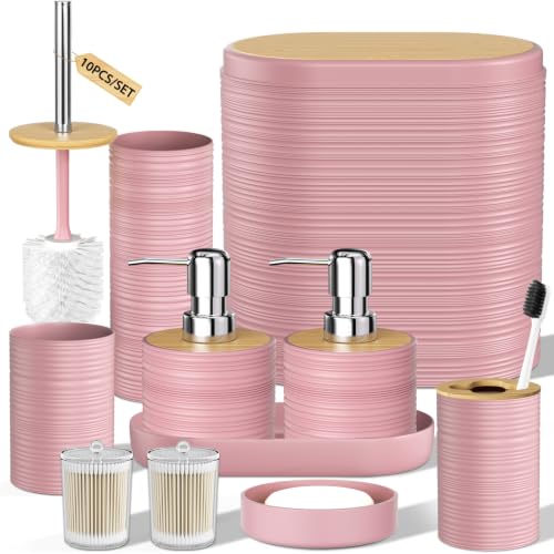 XLHOMO Pink Bathroom Set - 10PC Bathroom Accessories Set, Luxury Bathroom Accessory Set with Trash Can,Toilet Brush & 2 PC Soap Dispensers for Apartment Decor and Housewarming - size: Press-lid Bathroom Set, style: Pink