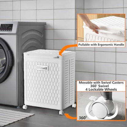 WESAPPINC 55L Collapsible Large Laundry Hamper, Plastic Laundry Basket with Wheels,Suitable for Bathroom, Bedroom, Dorm Room & Laundry Room,Basket with Handle (100L White) - color: 100L White