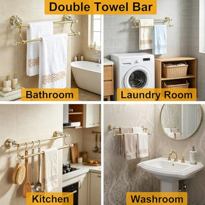Gold Crystal Double Towel Bar, Adjustable Towel Racks for Bathroom | Polished Gold Towel Bar for Bathroom Wall Mounted Fits 18-30 Inch Wall Space, Stainless Steel Towel Rod Holder - color: Gold Towel Bar