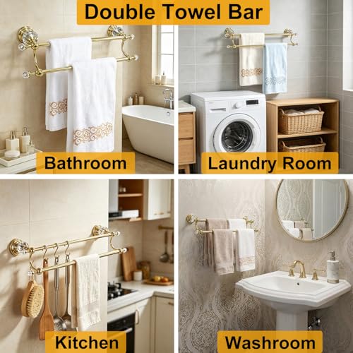 Gold Crystal Double Towel Bar, Adjustable Towel Racks for Bathroom | Polished Gold Towel Bar for Bathroom Wall Mounted Fits 18-30 Inch Wall Space, Stainless Steel Towel Rod Holder - color: Gold Towel Bar