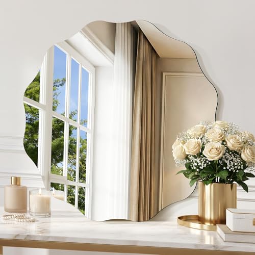 CILIBER Wavy Mirror for Wall, 20'' Scalloped Frameless Round Mirror, 3mm Tempered Glass Decorative Bathroom Vanity Mirror, Mounting/Leaning for Mantel, Living Room, Bedroom and Entryway - size: 20"L x 20"W
