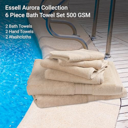 Bath Towel Set 6 Piece 100% Cotton Towel, Aurora Collection, Durable, Quick Dry & Lightweight Extra Soft Towels, 2 Bath Towels, 2 Hand Towels, 2 Washcloths, Everyday Use for Pool Days - Beige - color: Beige