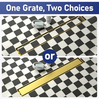 Linear Shower Drain, 304 Stainless Steel Floor Drain 24" | with Tiled Insert Grate & Hair Strainer, Bathroom 2-in-1 Tiled in Drain, CUPC Certified - color: Brushed Gold, size: 24''