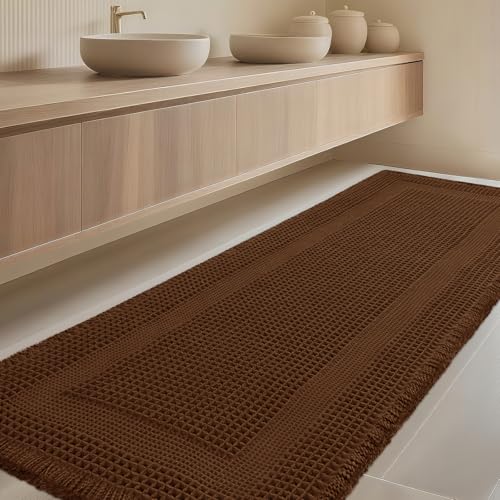 Extra Large Waffle Bath Mat, Boho Woven Modern Bath Rug Absorbent Non Slip, Ultra Soft Bathroom Mats, Machine Washable Knit Bath Rugs with Tassels for Bathroom, Bedroom, Kitchen, Tub, 5'x2', Brown - color: Brown-looped, size: 2' x 5' (Runner)