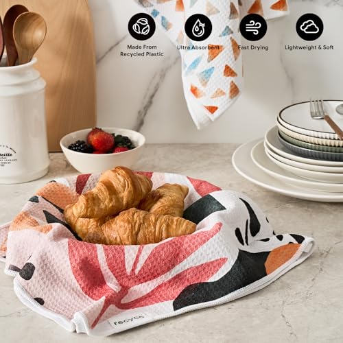 RECYCO Waffle Kitchen Towel Set of 2 - Quick Dry Microfiber Sustainable Dish Towels - Ultra Absorbent Reusable Cleaning Tea Towels - Lightweight Hand Towels,16”x 28”, Boho Oasis - color: Boho Oasis