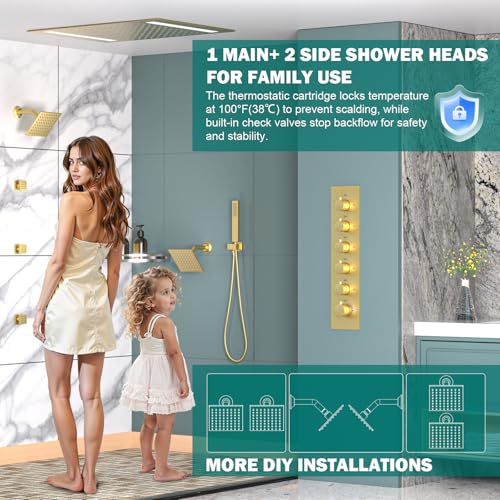 HOMEDEC Bathroom Shower Faucet Set with 14x20inch LED and Dual 6inch Shower Heads, 5 Way Thermostatic Diverter Valve Shower Valve Kit, Brushed Gold - color: Brushed Gold, style: 5-Way + 2x 6" Top