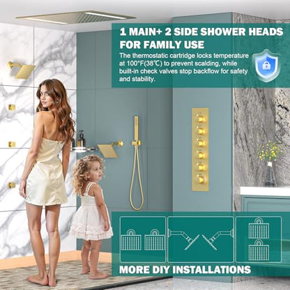 HOMEDEC Bathroom Shower Faucet Set with 14x20inch LED and Dual 6inch Shower Heads, 5 Way Thermostatic Diverter Valve Shower Valve Kit, Brushed Gold - color: Brushed Gold, style: 5-Way + 2x 6" Top