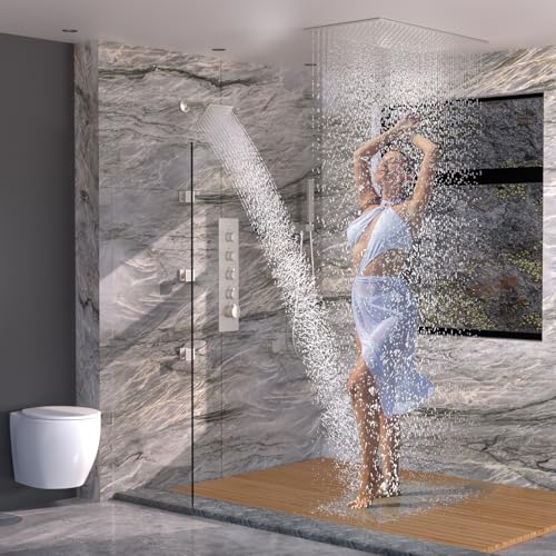 HOMEDEC Full Body Shower System with Dual Shower Heads, 6pcs Body Jets with 15.7x31.5" Rainfall and 6" Showerheads, Brushed Nickel - color: Brushed Nickel, style: 4-Way + 1x 6" Top