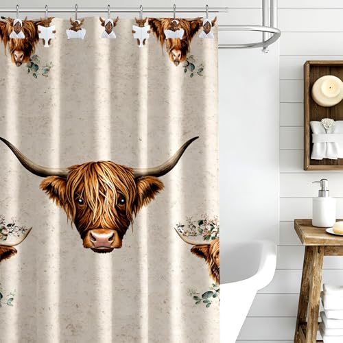 Roowest 12 Pcs Adult Highland Cow Shower Curtain Hooks Western Shower Curtain Hooks Stainless Steel Rust Resistant Rings Hangers for Winter Farmhouse Rustic Bathroom Decor - style: Adult Highland Cow