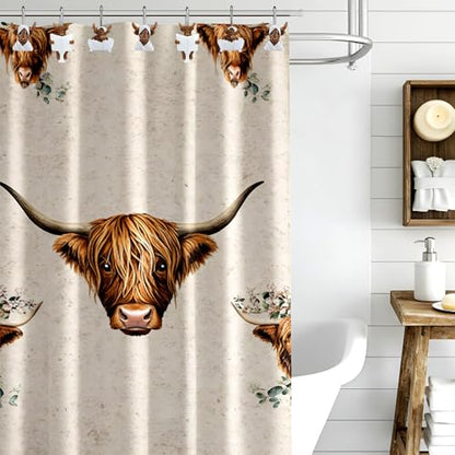 Roowest 12 Pcs Adult Highland Cow Shower Curtain Hooks Western Shower Curtain Hooks Stainless Steel Rust Resistant Rings Hangers for Winter Farmhouse Rustic Bathroom Decor - style: Adult Highland Cow