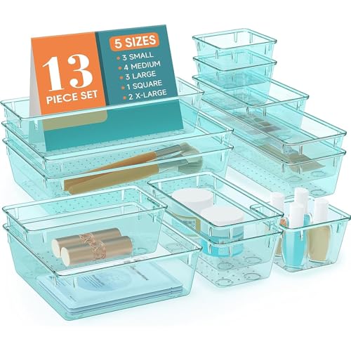 13 PCS Plastic Drawer Organizers Set, 4 Size Desk Drawer Organizer Trays | 4 Size Desk Drawer Organizer Trays for Makeup, Jewelry, Kitchen Utensils, Gadgets and Office - color: Sea Blue, size: 13 PCS