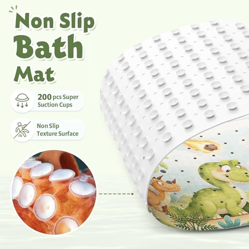 Baby Bath Mat for Tub Non Slip Kids, BPA Free Extra Long Bathtub Mat 40x16 with Drain Holes and 200 Suction Cups, Non Toxic Machine Washable Toddler Bath Mat, Eco-Friendly Certified - color: W-dinosaur
