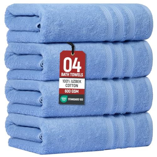 Bath Towels Set of 4 Extra Large Towels set 30x60 In, 100% Uzbek Cotton 600 GSM Oeko-TEX, Larger & Lighter Weight Quicker to Dry, Super Soft and Absorbent, Perfect for Bathroom- Light Blue - color: Light Blue