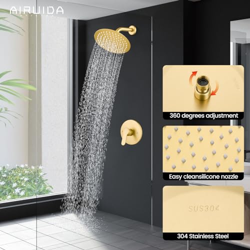 Airuida Shower Faucet Set,8 Inch Brushed Gold Shower Trim Kit | Round Rainfall Shower Head,Single Handle,Male Threads Rough-in Valve,Wall Mount Bathroom System - color: Gold, size: 8 Inch
