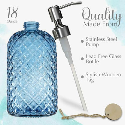 JASAI 18Oz Gem Patterned Glass Soap Dispenser for Kitchen and Bathroom | Refillable Hand soap Dispenser with Rust Proof Stainless Steel Pump, Clear Soap Dispenser Bathroom for Dish Soap, Hand Soap. - color: Navy Blue