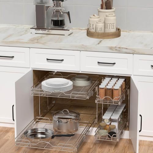 OCG 2 Tier Pull Out Cabinet Organizer (9.5" W x 21" D), Pull Out Drawers for Kitchen Cabinets, Pull Out Shelves for Base Cabinet Organization in Kitchen Bathroom Pantry, Chrome Finish - size: 9.5"W x 21"D, 2 Tier