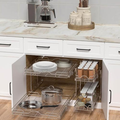 OCG 2 Tier Pull Out Cabinet Organizer (9.5" W x 21" D), Pull Out Drawers for Kitchen Cabinets, Pull Out Shelves for Base Cabinet Organization in Kitchen Bathroom Pantry, Chrome Finish - size: 9.5"W x 21"D, 2 Tier