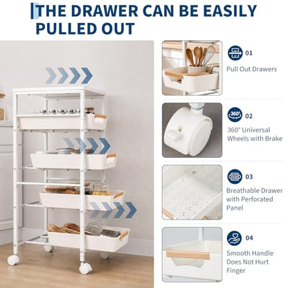 Garvee 5-Tier Slim Rolling Storage Cart, 9.5" Wooden Top Narrow Kitchen Carts on Wheels with Pull-Out Baskets, Mobile Shelving Unit Organizer for Kitchen, Bathroom, Laundry Room, Small Spaces