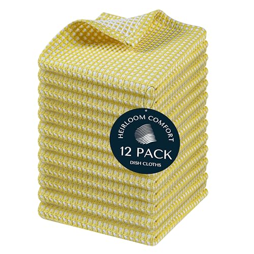 Dual Waffle Weave Dish Cloth, 12 Pack, 12x12 Inch, 100% Cotton, Reversible, Super Absorbent, Quick Dry, Soft for Cleaning, Durable Dishcloth Set, Hand Dish Rag, Lemon Yellow - color: Lemon Yellow