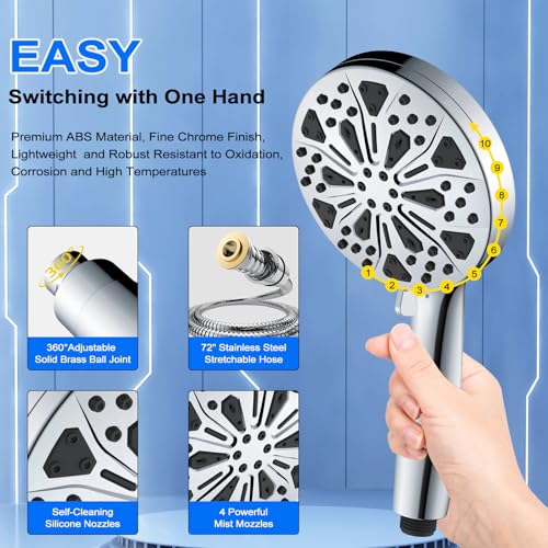 Magnetic Shower Head with Handheld: Filtered High Pressure Rainfall Showerhead for Hard Water - 5” 10-Setting Shower with 72” Hose & Built-in Power Wash Mode for Tub & Pet Cleaning