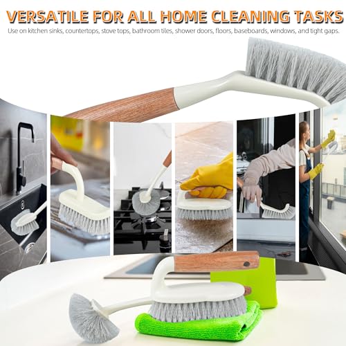 5-Pack Heavy Duty Scrub Brushes Set with Wooden Handles | Multi-Surface Scrubber for Kitchen,Bathroom,Tile & Grout,Includes Spherical,Triangle,Square & Dish Brush for Stubborn Stains