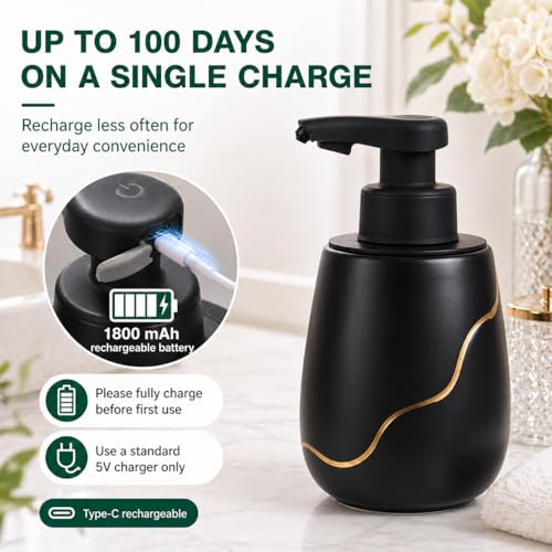 BosilunLife Rechargeable Auto Touchless Liquid Soap Dispenser 17oz Ceramic | With Elegant Golden Curved Line.With Waterproof Pump,Touch-Free Sensing.17oz Dish Soap For Kitchen And Bathroom，Black - color: Black, style: Liquid Pump