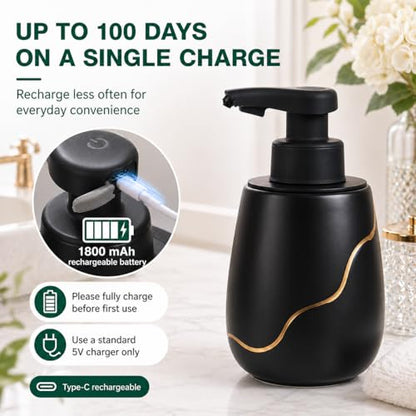 BosilunLife Rechargeable Auto Touchless Liquid Soap Dispenser 17oz Ceramic | With Elegant Golden Curved Line.With Waterproof Pump,Touch-Free Sensing.17oz Dish Soap For Kitchen And Bathroom，Black - color: Black, style: Liquid Pump