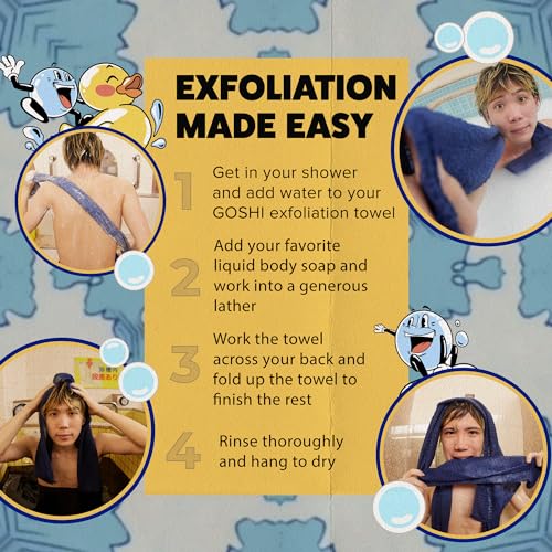 GOSHI Exfoliating Shower Towel - Long Body Scrubber, Blue | For back acne, KP & smooth skin, durable quick dry nylon washcloth, ethically crafted in Gunma, Japan - color: Blue