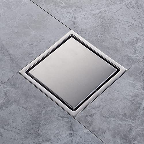 6 Inch Shower Drain Square Brushed Nickel，with Adjustable Drain Flange Kit Base PVC, Removable Grid Strainer Cover and Invisible Floor Insert, SUS304 Stainless Steel - color: Brushed Nickel