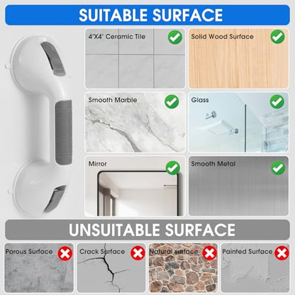 Suction Grab Bar with Safety Indicator for Bathtub Shower Bathroom, Heavy Duty Handrail Removable Reusable for Elderly Disabled and Kids, Anti-Slip Grip, No Drilling Tool Free, Waterproof Grey - size: 12'' 1 Pack