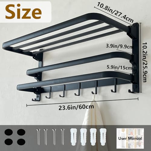 24in Towel Racks Shelf for Bathroom Wall Mounted with 2 Bar for Hotel,Black | Double Space Saving Foldable Rustproof Painted Aluminum L-Shape 2 Bars Modern - size: 2 Tier