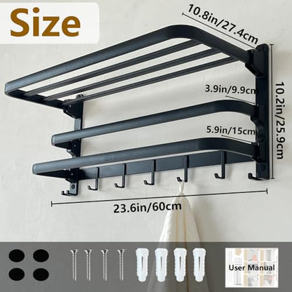 24in Towel Racks Shelf for Bathroom Wall Mounted with 2 Bar for Hotel,Black | Double Space Saving Foldable Rustproof Painted Aluminum L-Shape 2 Bars Modern - size: 2 Tier
