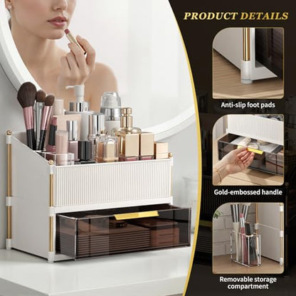 INVSSENE Stackable Makeup Organizer Countertop, Storage Perfume Skincare Cosmetic Lipstick Face Mask Makeup Brush Palettes, Ideal for Vanity Bathroom Counter - color: 3514 White+Coffee