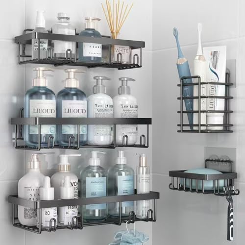 Liuoud 5 Pack Shower Caddy Organizer Rack Shelf for Inside Shower, Self Adhesive Bathroom Wall Storage Basket Rustproof Stainless Steel Large Capacity Shampoo Holder, Dark Grey - color: Dark Grey, size: Large