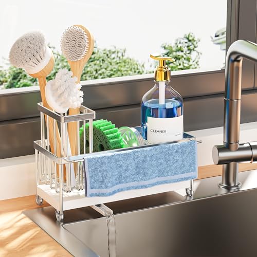 Cisily Sponge Holder for Kitchen Sink, Sink Caddy Organizer with High Brush Holder, Kitchen Countertop Organizers and Storage Essentials, Rustproof 304 Stainless Steel (Silver with Towel Rack, 9.25″) - color: Silver With Towel Rack - 9.25″