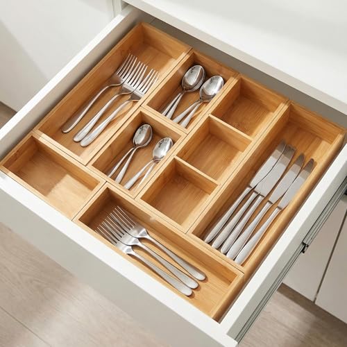 Bamboo Drawer Organizer,Fits Kitchens,Bathrooms,Desk,Utensil,Makeup,Removable Dividers (Natural, M) - size: M