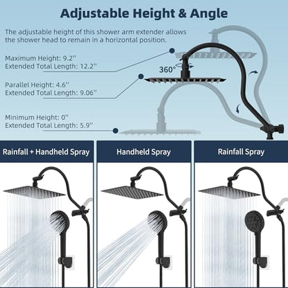 Hibbent All Metal High Pressure Rainfall 10'' Shower Head, CUPC Certified Handheld Showerhead Combo, 12'' Adjustable Shower Extension Arm, 10-Spray, 71'' Hose, Adhesive Showerhead Holder, Matte Black - color: Matte Black, style: Square 10''