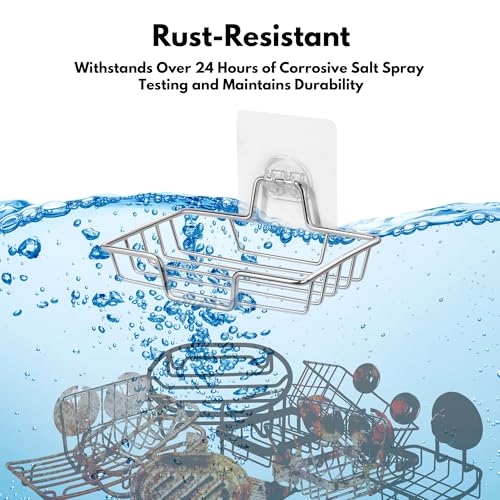 Rainspire Soap Dish Holder, No Drilling, 304 Rustproof Stainless Steel, Wall Mounted Soap Holder Soap Tray Bar Soap Sponge Holder for Bathroom & Kitchen, Square (Silver) - color: Silver