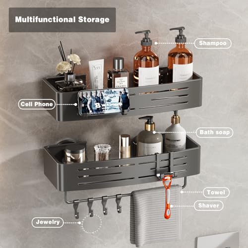 Voldra Adhesive Shower Caddy, 2 Pack Shower Shelves for Inside Shower No Drilling, Aluminum Stick On Showers Organizer with Towel Bar & Hooks Removable Bathroom Shelf Storage Rack(Gray) - style: Adhesive Strip Rectangle-2 Pack