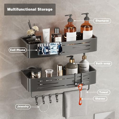 Voldra Adhesive Shower Caddy, 2 Pack Shower Shelves for Inside Shower No Drilling, Aluminum Stick On Showers Organizer with Towel Bar & Hooks Removable Bathroom Shelf Storage Rack(Gray) - style: Adhesive Strip Rectangle-2 Pack