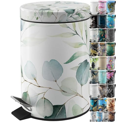 Sanilo Small Bathroom Trash Can with Lid [1.3 Gallon] - Lidded Tiny Trashcan for Garbage - Mini Metal Bin with Soft Closing Mechanism - Bath Room Accessoire Wastebin with Inner Bucket (Eucalyptus) - color: Eucalyptus