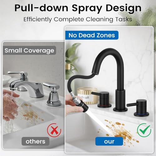 Pull-Down Bathroom Faucet 3 Hole 8 Inch with Pop-Up Drain Matte Black | 360° Swivel Spoutr & Dual Modes,8" Widespread 2-Handle, Pop-Up Drain & 10-Min Install for 3-Hole Bathroom Sink Faucets - color: Matte Black