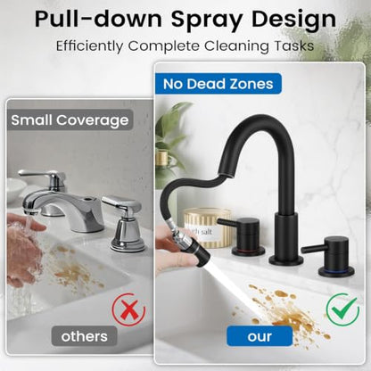Pull-Down Bathroom Faucet 3 Hole 8 Inch with Pop-Up Drain Matte Black | 360° Swivel Spoutr & Dual Modes,8" Widespread 2-Handle, Pop-Up Drain & 10-Min Install for 3-Hole Bathroom Sink Faucets - color: Matte Black