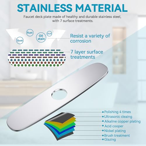 10" Kitchen Sink Deck Plate, Faucet Hole Cover, 8" Widespread, 1 or 3 Hole, 304 SS | MAYYAYA Brushed Chrome 304 stainless deck plate escutcheon; foam gasket; secures with faucet's own hardware, no extra nuts - color: Chrome