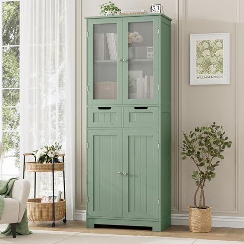 HORSTORS 67" H Bathroom Storage Cabinet, Green Linen Cabinet with Drawers | Freestanding Bathroom Cabinet with Glass Door & Shelf, Modern Tall Storage Cabinet for Bathroom, Living Dining Room, Kitchen - color: Green