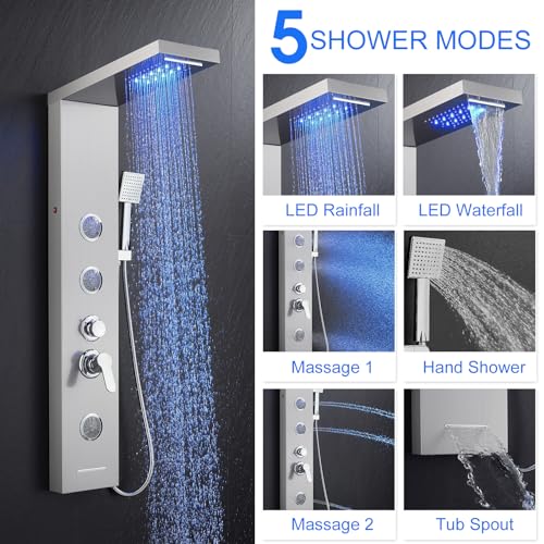 5 in 1 Shower Panel Tower System with LED Lights, Rainfall and Waterfall Shower Head, 3 Pcs Adjustable Body Jets, Handheld Shower, Tub Spout (Brushed Nickel) - color: Brushed Nickel - 2-in-1 Body Jets