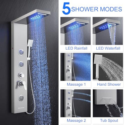 5 in 1 Shower Panel Tower System with LED Lights, Rainfall and Waterfall Shower Head, 3 Pcs Adjustable Body Jets, Handheld Shower, Tub Spout (Brushed Nickel) - color: Brushed Nickel - 2-in-1 Body Jets