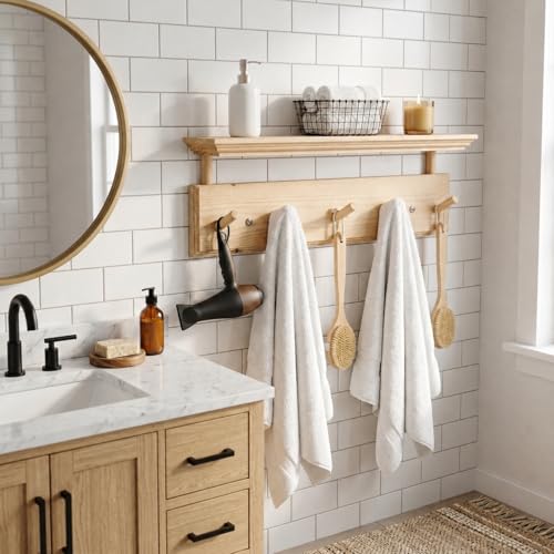 Matías Coat Rack Wall Mount with Shelf, 18 Inch Solid Wood Peg Rail, Wall Mounted Coat Rack with 5 Hooks, Wall Mount Shelf for Entryway, Bathroom or Bedroom (Natural Wood) - color: natural wood