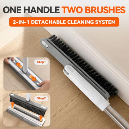 3-in-1 Floor Scrub Brush with 55” Long Handle, V-Shape & Squeegee | V-shape head,built-in squeegee,removable detail brush,55" long handle,stiff bristles,180°rotating,3-in-1 floor scrub brush