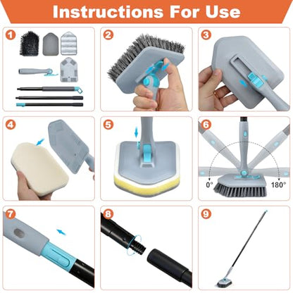 Long Handled Scrub Brush for Shower,3-in-1 Cleaning Brushes with 3 Different Function Cleaning Heads Brush for Shower Cleaning Bathroom Kitchen Walls Tub Tile (Grey) - color: Gray